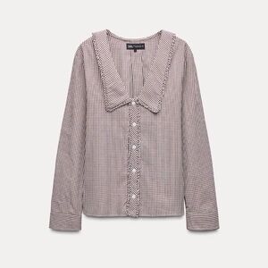Zara Burgundy and White Gingham Ruffle-Collar Shirt